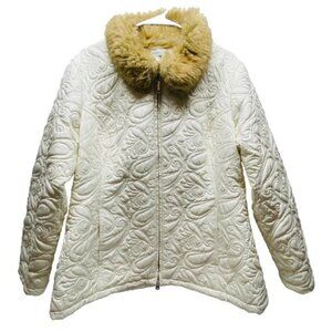 Coldwater Creek Jacket Women's 1X Cream Paisley Faux Fur Exclusive Deco Coat EUC